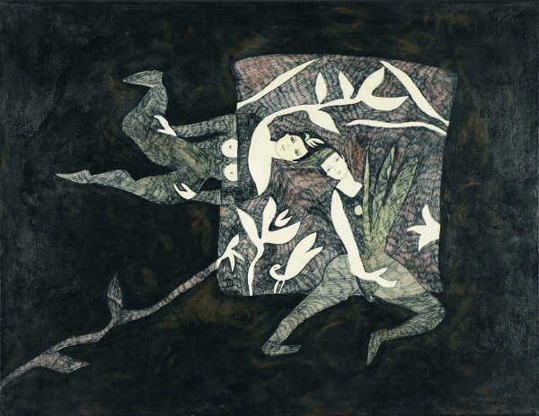 Danse à l'oiseau, 2003. Ginette Brassard. Techniques mixtes sur toile. 50,5 cm x 66 cm. © L'Artothèque