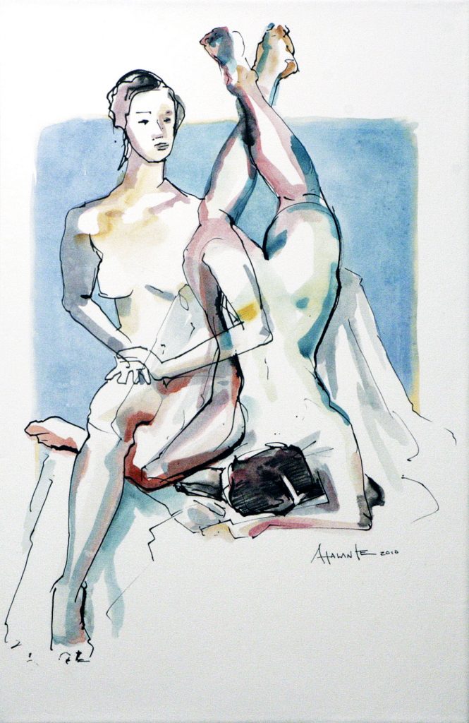 De l'épaule au genou, Atalante, 2010. Encre noire et aquarelle sur papier marouflé sur toile. 50,8 x 33 cm. © L'Artothèque 