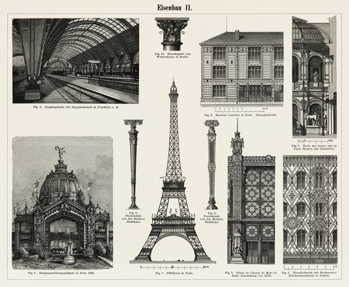Cast - Iron Architecture (1894), une collection de motifs architecturaux en fer, notamment la Tour Eiffel. Photo: Rawpixel